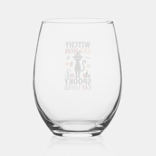 Halloween Cat Mom Vintage Witchy Cat Lover Design_ Stemless Wine Glass