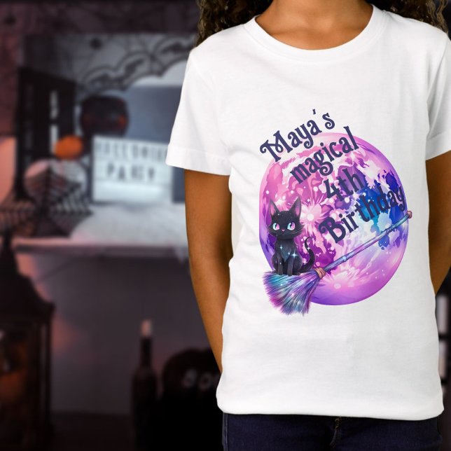 Halloween cat moon and broom pink purple birthday T-Shirt (Halloween cat magical birthday shirt)