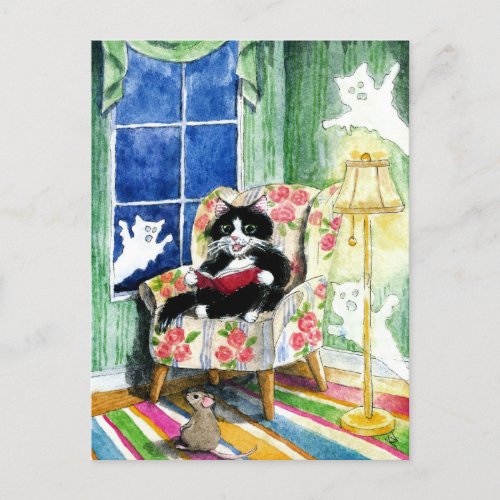 Halloween Cat Mouse Ghosts postcard