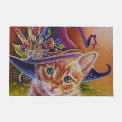 Halloween Cat  Mouse No 1 Watercolor Art Doormat