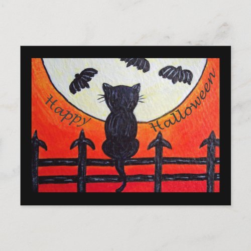 Halloween Cat On a Fence In The Moon Postcard