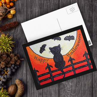 Halloween Cat On a Fence In The Moon Postcard