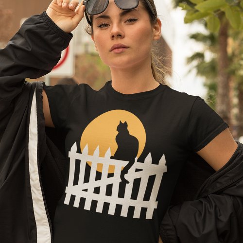Halloween Cat on a Fence with the Harvest Moon T_Shirt