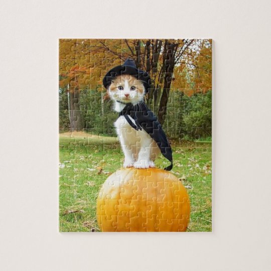 Halloween Cat On A Orange Pumpkin Jigsaw Puzzle | Zazzle.com
