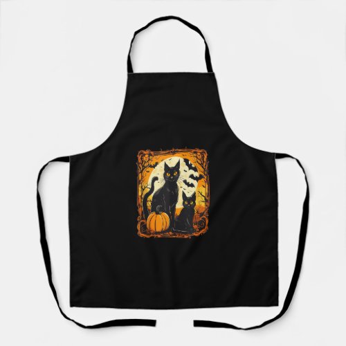 Halloween Cat Orange Moon and Bats and Scary Pu Apron