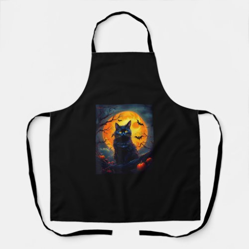 Halloween Cat Orange Moon and Bats and Scary Pu Apron