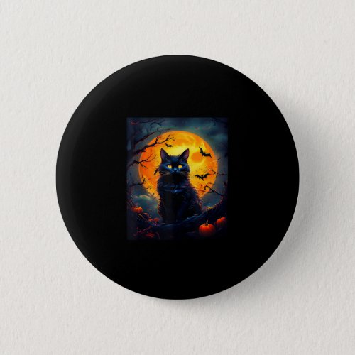 Halloween Cat Orange Moon and Bats and Scary Pu Button