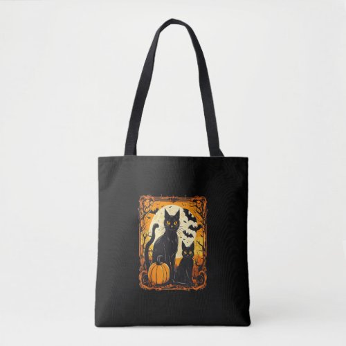 Halloween Cat Orange Moon and Bats and Scary Pu Tote Bag