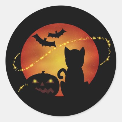 Halloween Cat Pumpkin and Bats Silhouette Scene Classic Round Sticker