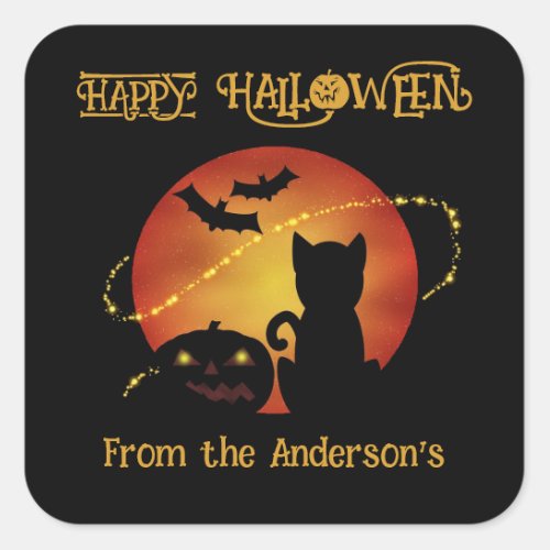 Halloween Cat Pumpkin and Bats Silhouette Scene Square Sticker