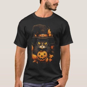 Halloween Cat Pumpkin Autumn Fall Witch Hat Costum T-Shirt