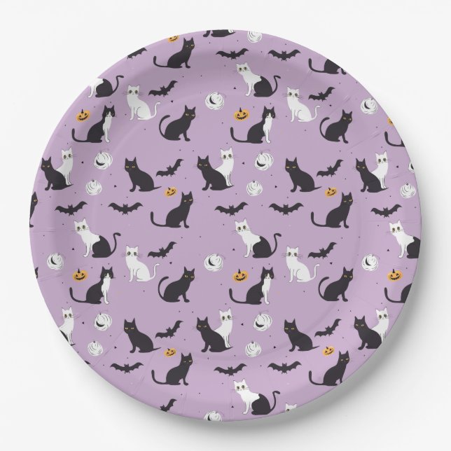  Halloween cat purple Paper Plates (Front)