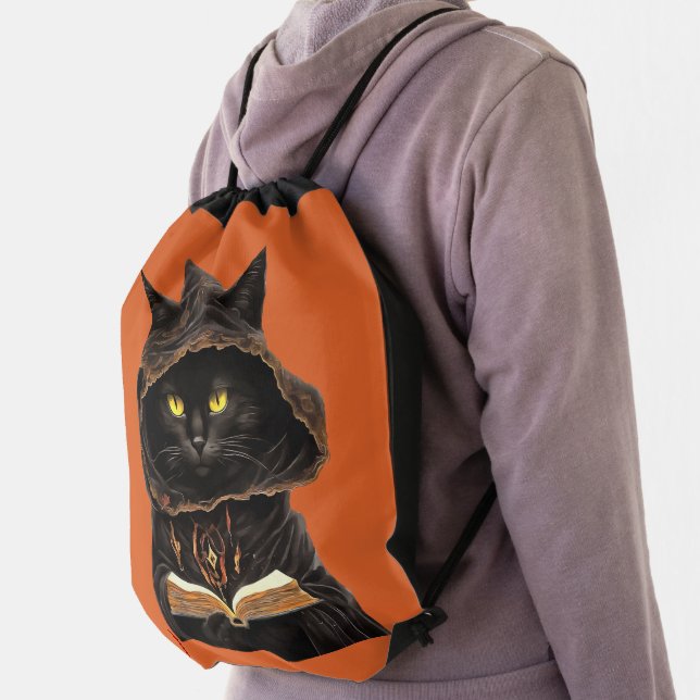 Halloween Cat Reading Preys Anatomy Spell List Drawstring Bag (Insitu)