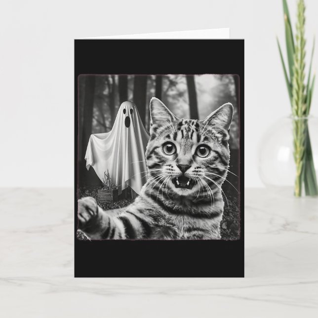 Halloween Cat Selfie With Soky Ghost  Card (Front)