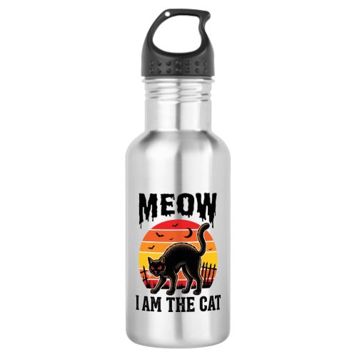 Halloween Cat Shirt Meow Vintage Black Cat Design_ Stainless Steel Water Bottle