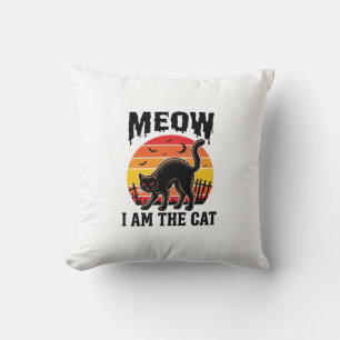 Halloween Cat Shirt Meow Vintage Black Cat Design_ Throw Pillow
