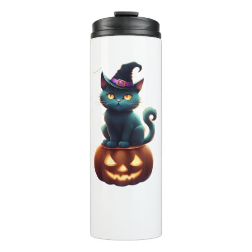 Halloween cat sitting on a pumpkin   thermal tumbler