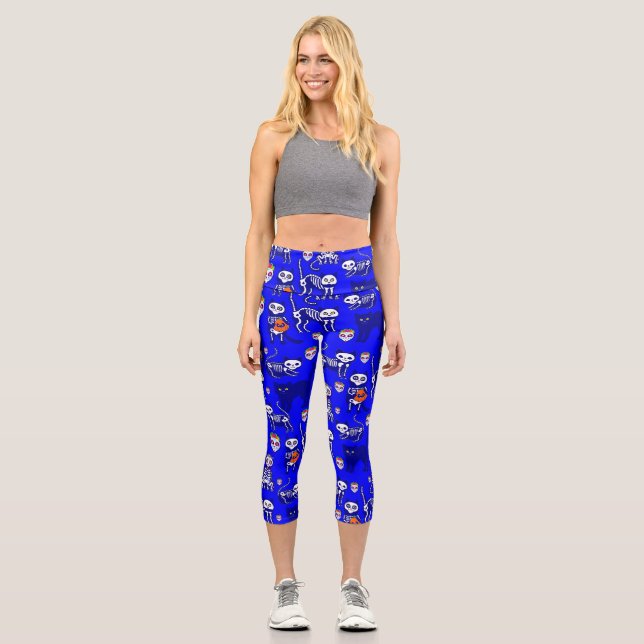 halloween cat skull skeleton blue capri leggings (Front)