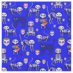 halloween cat skull skeleton blue fabric