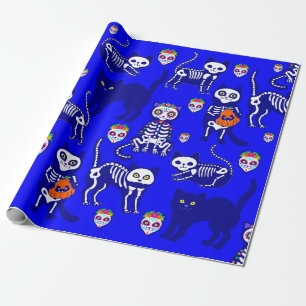 halloween cat skull skeleton blue wrapping paper