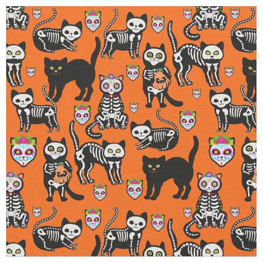 halloween cat skull skeleton orange  fabric
