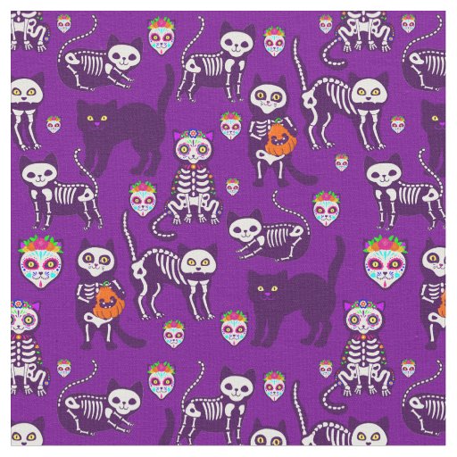 halloween cat skull skeleton purple fabric