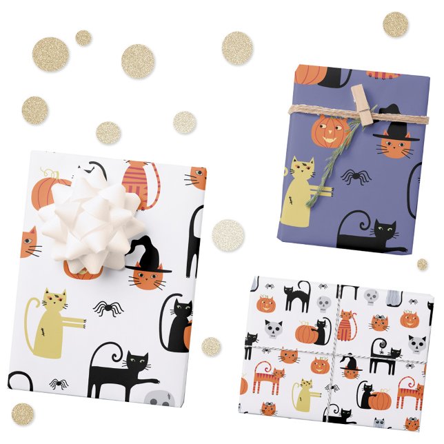Halloween Cat Spooky Assorted Wrapping Paper Sheets (Halloween cats fun spooky pattern gift wrapping paper )
