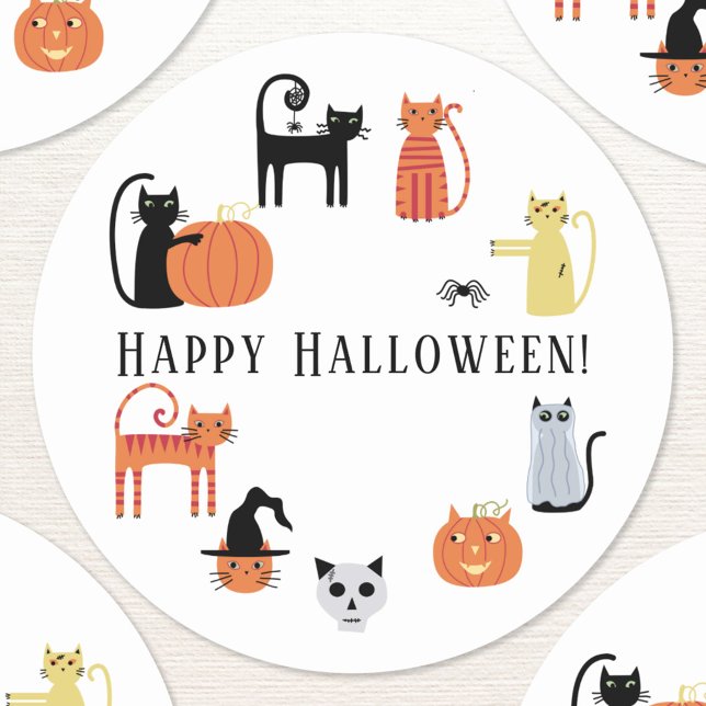 Halloween Cat Spooky Classic Round Sticker (Fun Halloween cat custom text sticker)
