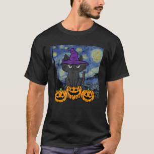 Halloween Cat Starry Night Costume Art Gogh Women T-Shirt