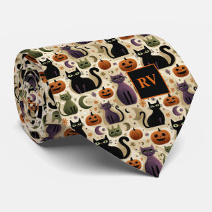 Halloween Cat Whiskers & Pumpkins Monogrammed Neck Tie