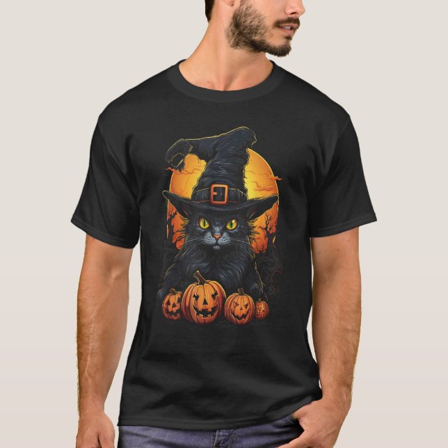 Halloween Cat Witch Hat and Pumpkins T-Shirt (Front)