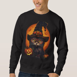 Halloween Cat Witch Hat Pumpkin Costume Spooky Sweatshirt