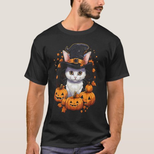 Halloween Cat Witch Hat Pumpkin Jack o Lantern Aut T-Shirt