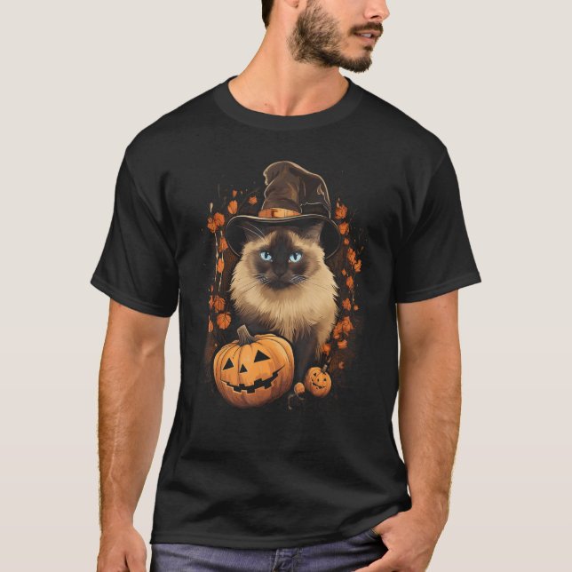 Halloween Cat Witch Hat Pumpkin T-Shirt (Front)