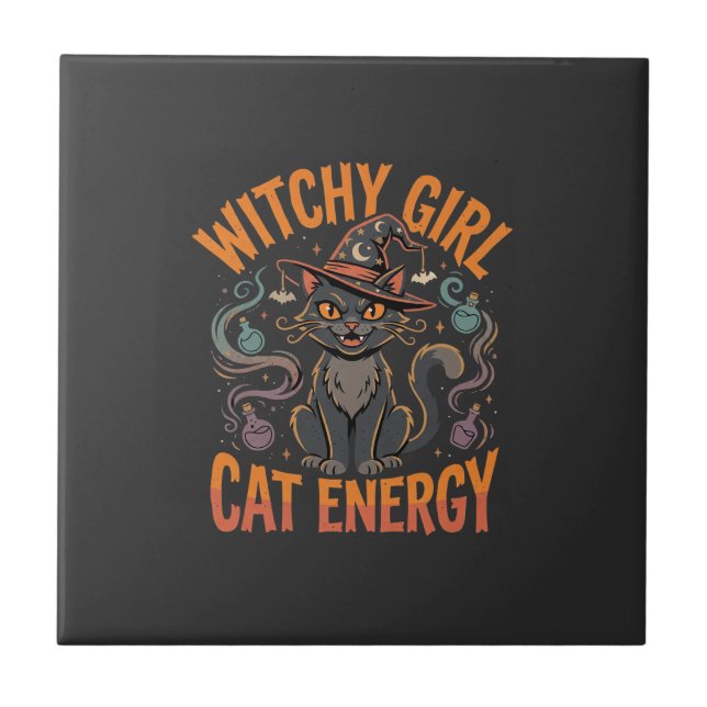 Halloween Cat Witch Vibes Ceramic Tile (Front)