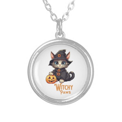 Halloween Cat Witchy Paws Silver Plated Necklace