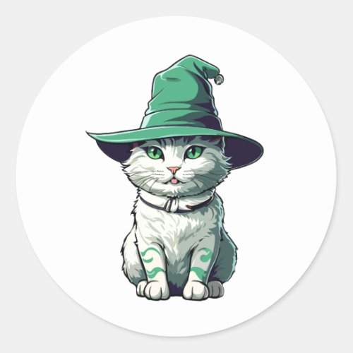 Halloween Cat with green hat Classic Round Sticker