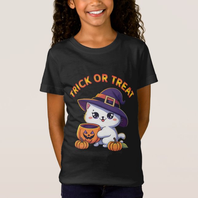 Halloween cat with Jack O' Lantern Pumpkin T-Shirt (Front)
