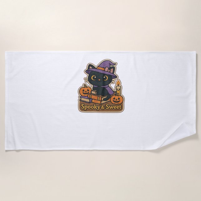 Halloween Cat with Magic Books – Spooky & Sweet Em Beach Towel (Front)