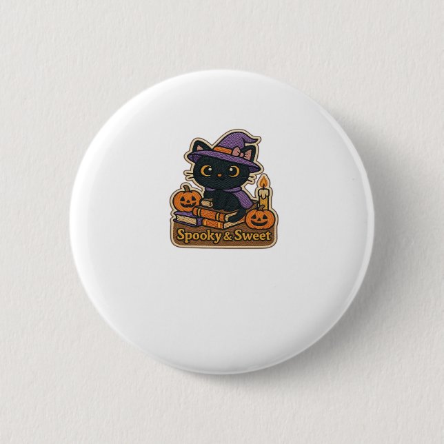 Halloween Cat with Magic Books � Spooky & Sweet Em Button (Front)