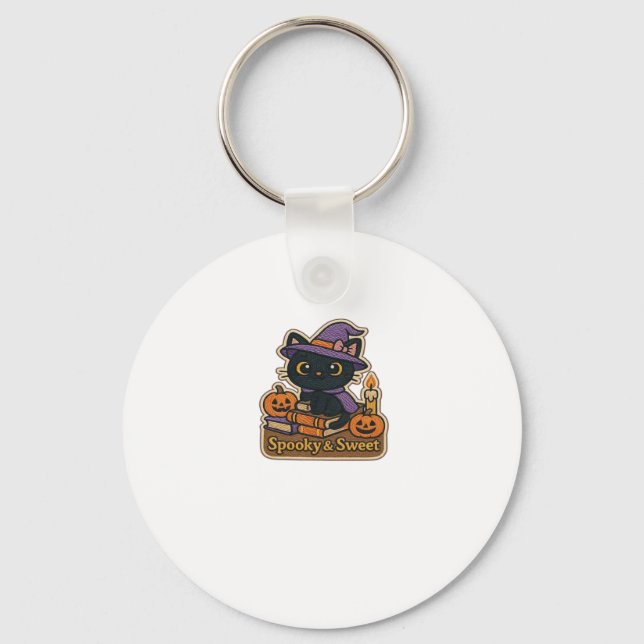Halloween Cat with Magic Books � Spooky & Sweet Em Keychain (Front)