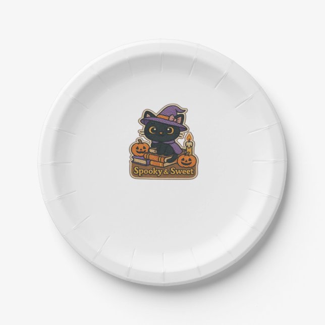 Halloween Cat with Magic Books � Spooky & Sweet Em Paper Plates (Front)