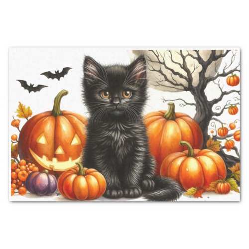 Halloween Cat with Pumpkins Decoupage Tissue Paper