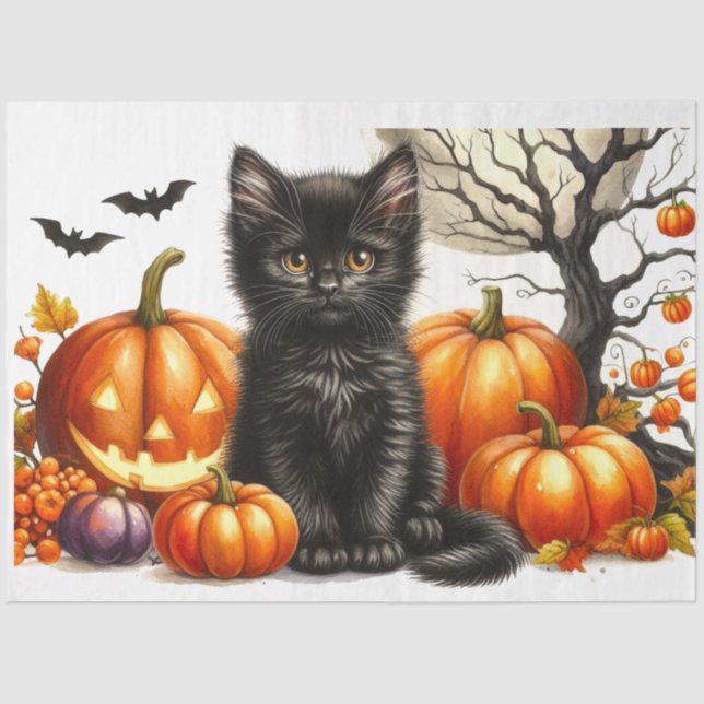 Halloween Cat with Pumpkins Decoupage Tissue Paper (Front)