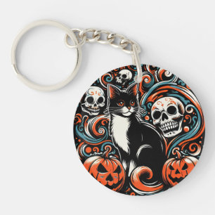 Halloween Cat with Pumpkins Keychain