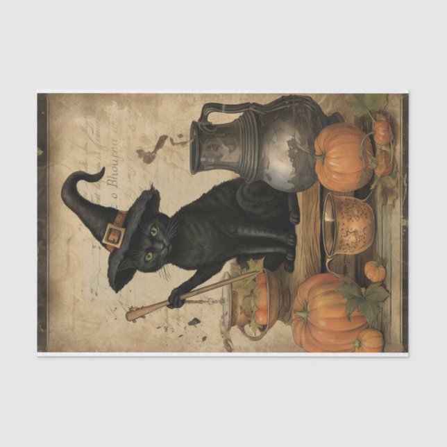 Halloween Cat with Witch's Hat Pumpkin Decoupage Tissue Paper (Front)