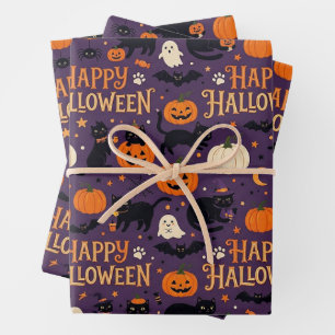 Halloween Cat Wrapping Paper, Cute Black Cats Paper Sheets