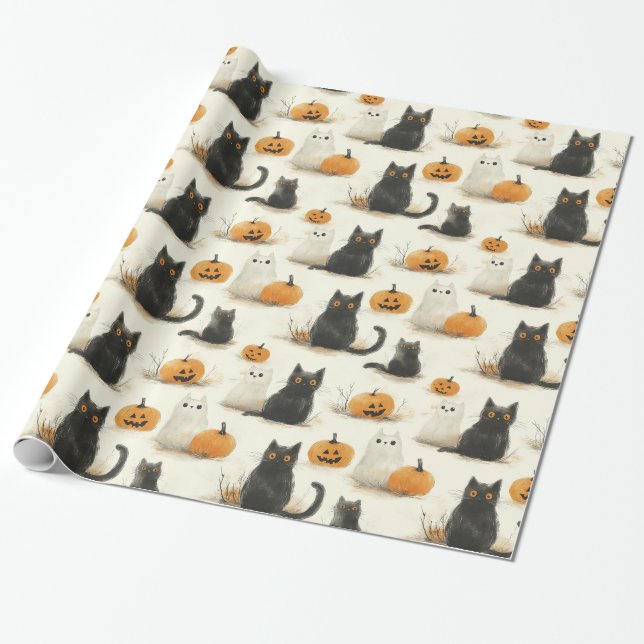 Halloween Cats and Pumpkins Pattern Wrapping Paper (Unrolled)