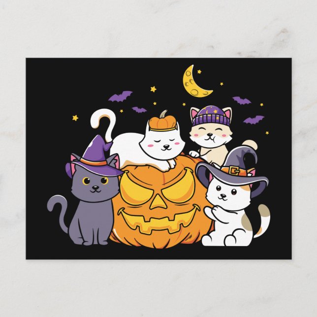 Halloween Cats Anime Cat Kawaii Pumpkin Postcard (Front)