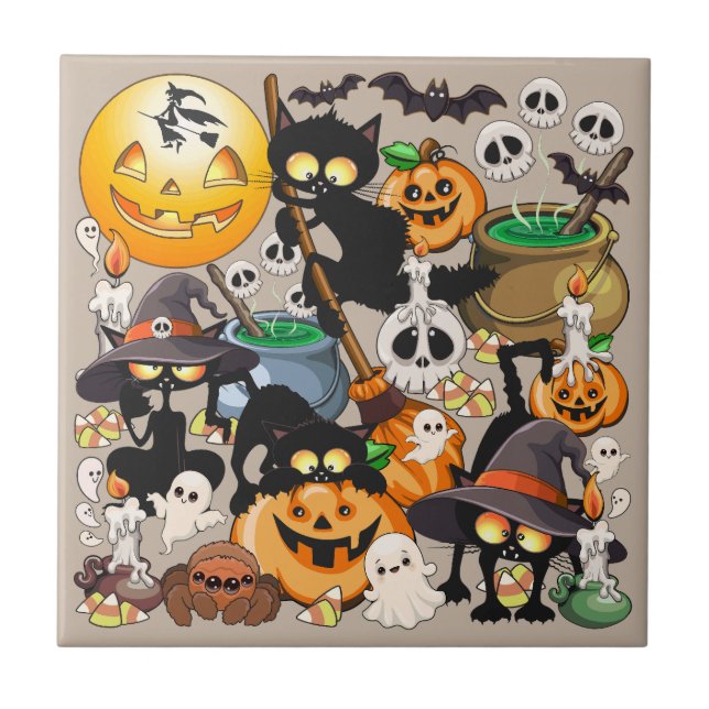 Halloween Cats Funny Party Ceramic Tile (Front)